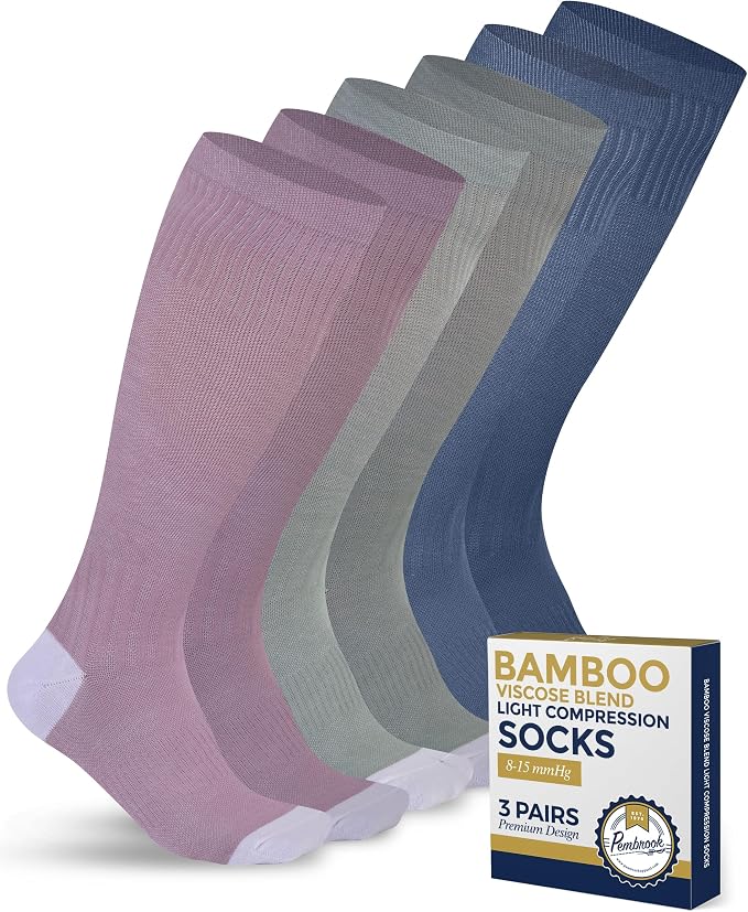 Pembrook® Bamboo Viscose Light Compression Socks - 3 Pairs | 8-15 mmhg Compression Socks | Knee High Comfort Support Socks by Pembrook