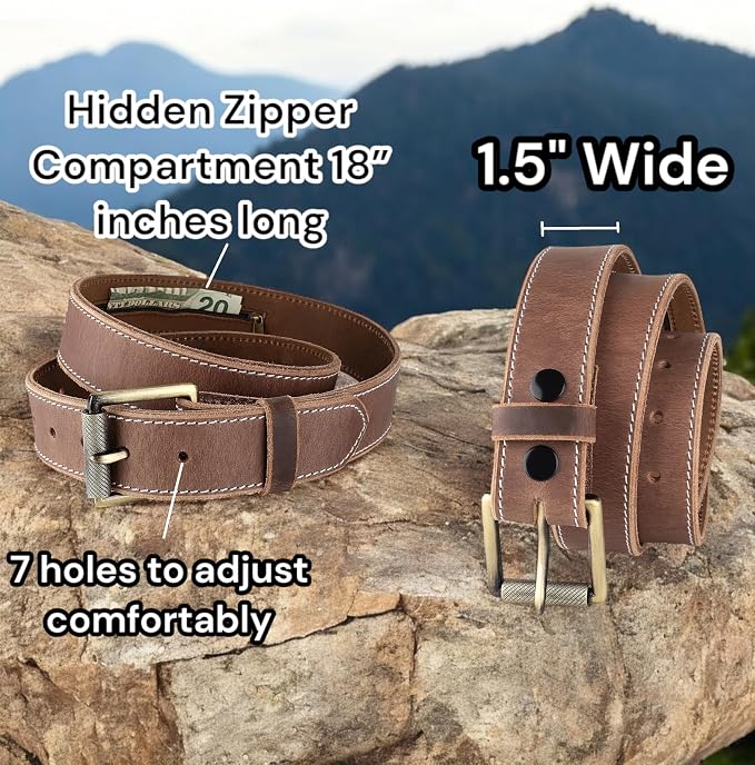 F&L CLASSIC Men’s Money Full Grain leather Belt, Hidden zipper Pocket, - Image 3