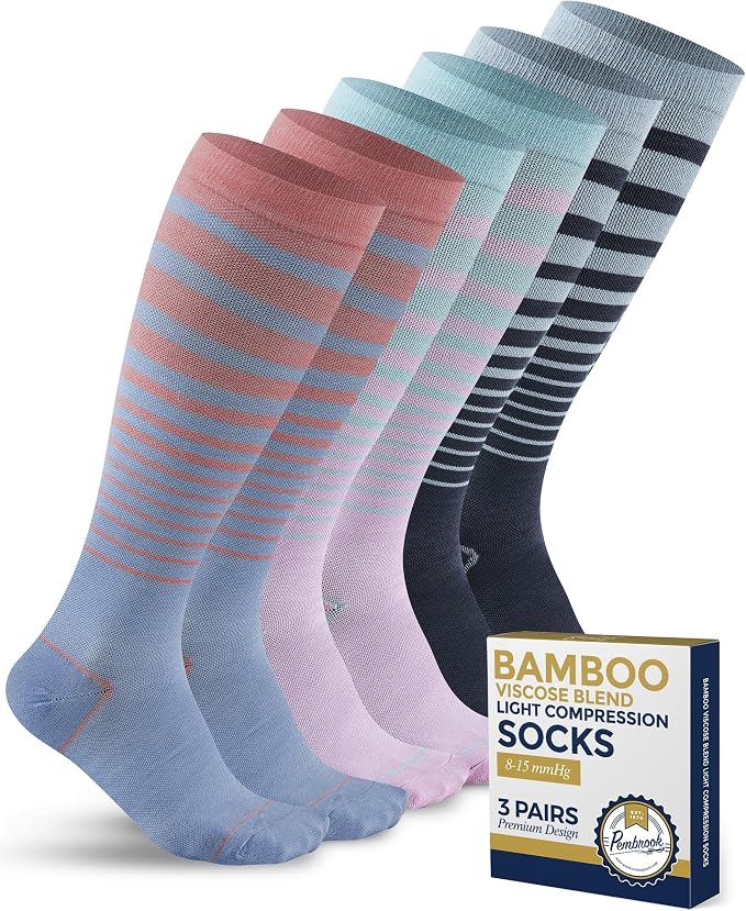Pembrook® Bamboo Viscose Light Compression Socks - 3 Pairs | 8-15 mmhg Compression Socks | Knee High Comfort Support Socks by Pembrook