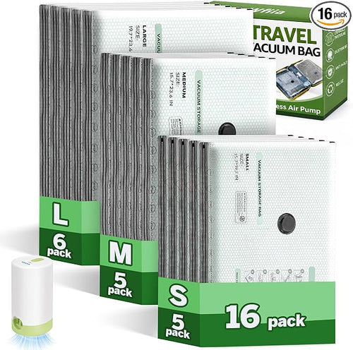 15+1 Packs Vacuum Bags for Travel with Rechargeable air Pump, 3 Sizes Vacuum Seal Bags for Clothing, Space-Saving Compression Storage Bags for Travel & Closet Organization by Wfiia