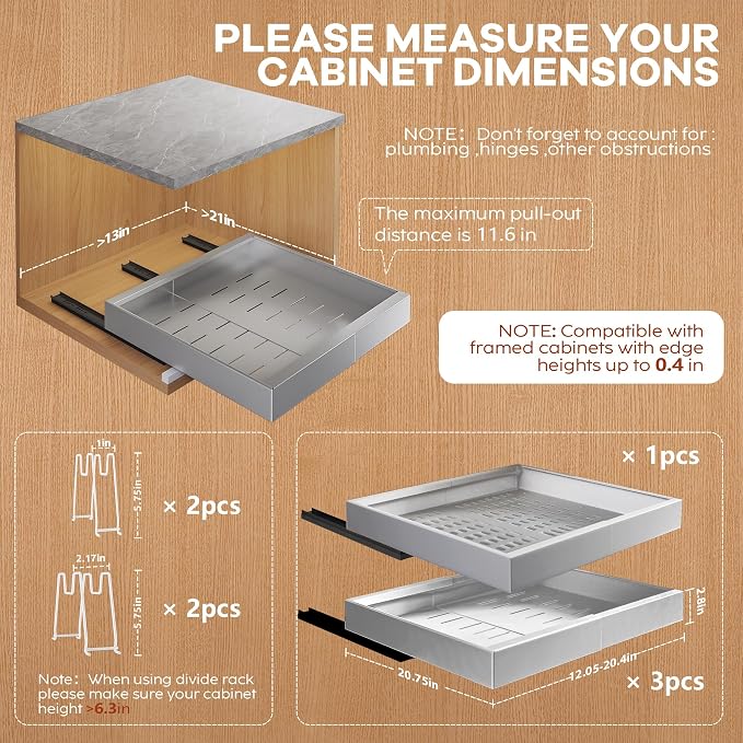 Seinloes 4 Pack Expandable Pull Out Cabinet Organizer 21"Deep With Raising Pad for Framed Cabinets,Slide Out Drawers With 4pcs Divider Racks,No Drill Roll Out Shelf,Adjustable Width 12.05"-20.4"Silver - Image 4