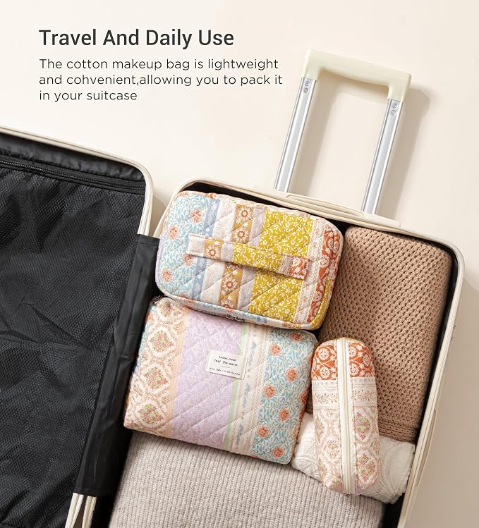 HBselect Quilted Makeup Bag, 3Pcs Cotton Large Travel Makeup Bags Organizer | Cute Floral Make up Bag Cosmetic Bag Toiletry Bag for Women Girls, Makeup Pouch for Skincare, Brushes & Travel Essentials - Image 4