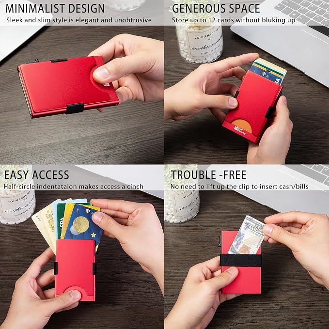 Slim Card Holder Wallet for Men, Minimalist RFID Blocking Pop Up Wallet, Smart Metal Business Card Case Holds 12 Cards, Money Clip, Front Pocket Wallet, Gifts for Men - Image 4
