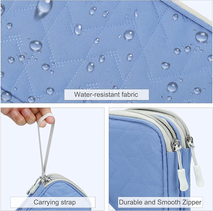 FYY Electronic Organizer, Travel Tech Pouch Bag, Medium, Blue Quilted | Wrist Strap, Waterproof, Double Layers Portable Electronics Travel Carrying Case for Cord, Charger, Daily Business Trips Use - Image 4
