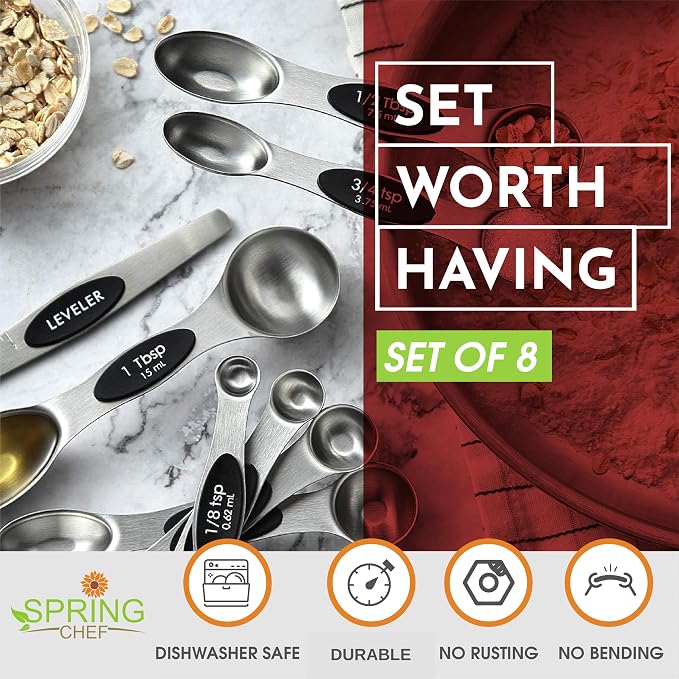 Spring Chef Stainless Steel Magnetic Measuring Spoons Set of 8, Black | Dual Sided Metal Teaspoon & Tablespoon Measuring Spoons with Leveler for Dry & Liquid Ingredients, Nesting, Dishwasher Safe - Image 4