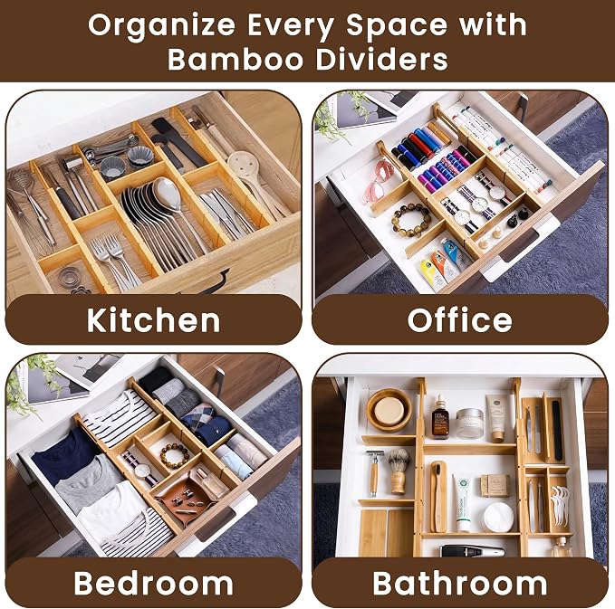 6 Pack Bamboo Drawer Dividers with 12 Inserts, Adjustable 17–22 Inch Expandable Drawer Organizer for Kitchen, Dresser & Closet, Bamboo Kitchen Drawer Organizer, Drawer Divider Set - Image 5
