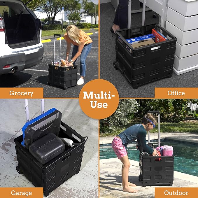 Inspired Living Collapsible Ultra-Slim Pack-N-Roll, 2 Wheel Utility Cart , With Telescopic Handle - Super Strong up to 80 Lbs Load Capacity, Black - Image 5