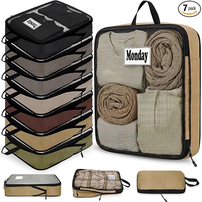 7 Pcs Packing Cubes for Travel Days of Week,Brown,Large by Bulyoou