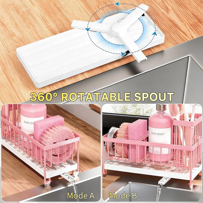 Cisily Sponge Holder for Kitchen Sink, Sink Caddy Organizer with High Brush Holder, Kitchen Countertop Organizers and Storage Essentials, Rustproof 304 Stainless Steel (Pink, 9.25″) - Image 3