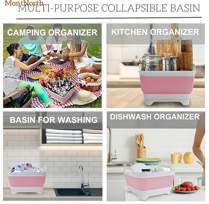 Collapsible Wash Basin 9L, Foldable Dish Tub with Drain Plug, Portable Collapsible Dish Basin, Camping Sink for Washing Dishes, Laundry & Kitchen Use (Pink) - Image 8