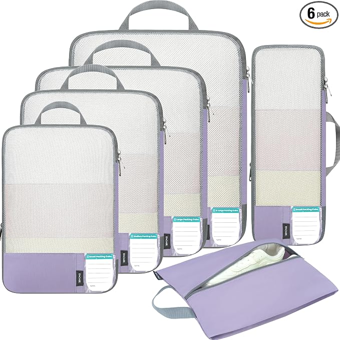 BAGAIL Lightweight Compression Packing Cubes for Travel, 6 Set,Dusty Purple | Salis Nylon Fabric,Anti-Tearing,Save Space,SBS Zippers,Packing List,PVC Tag Pocket,Custom Labels,Visible Mesh,Portable Handel by BAGAIL