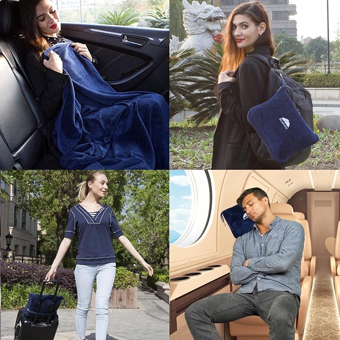 BlueHills Premium Soft 2-Pack Travel Blanket Pillows Airplane - Navy Blue | 2 Pack Travel Blanket Pillows for Two, Hand Luggage Belt & Carabiner, Matching Travel Gifts, Compact & Packable, Long Flights - Image 3