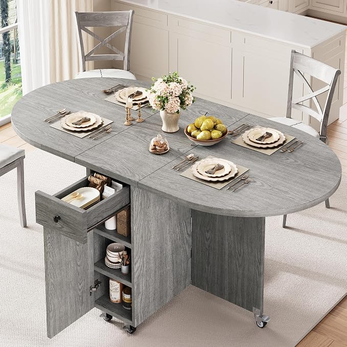 Jocoevol Round Folding Dining Table for 4, Space Saving Drop Leaf Kitchen Table with Storage Drawer, 6 Wheels Oval Gateleg Foldable Dining Table for Small Spaces(Grey 47 * 23.6 * 30) by JOCOEVOL