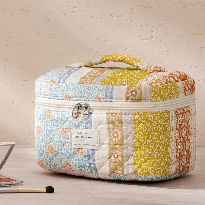 HBselect Quilted Makeup Bag, 3Pcs Cotton Large Travel Makeup Bags Organizer | Cute Floral Make up Bag Cosmetic Bag Toiletry Bag for Women Girls, Makeup Pouch for Skincare, Brushes & Travel Essentials - Image 6