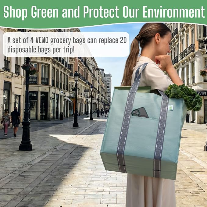 VENO 4 Pack Large Grocery Bag Reusable Shopping Bags with Hard Bottom | Utility Tote with Reinforced Handles, Heavy Duty, Foldable, Stand Upright, for Groceries Shopping Cart Storage(Green, 4 Pack) - Image 7