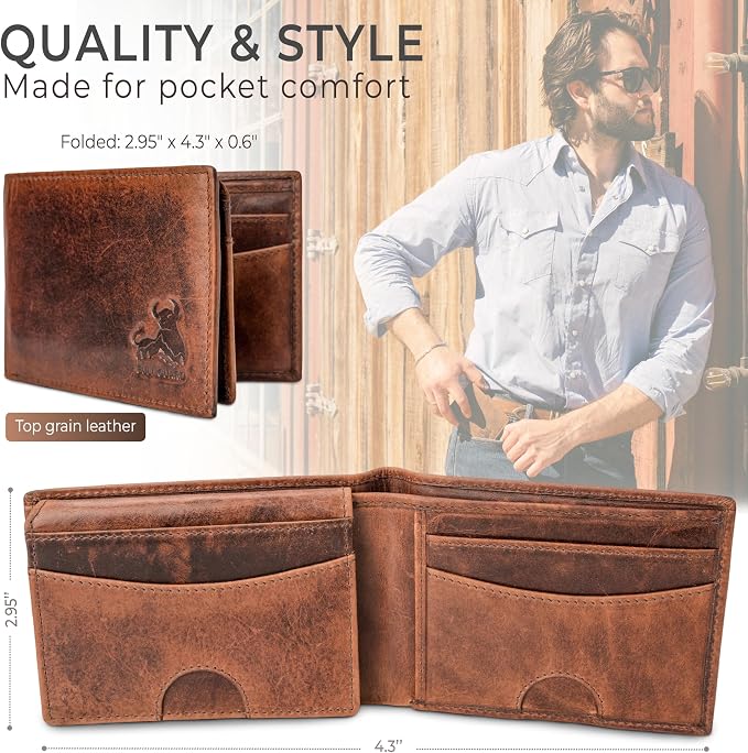 BULL GUARD Expedition Series Bifold Leather Wallet for Men RFID Blocking, Top Grain Cowhide, Flip-Up ID Window, Compact & Durable Everyday Carry Wallet for Travel, Work & Outdoors, Ready to Gift - Image 2