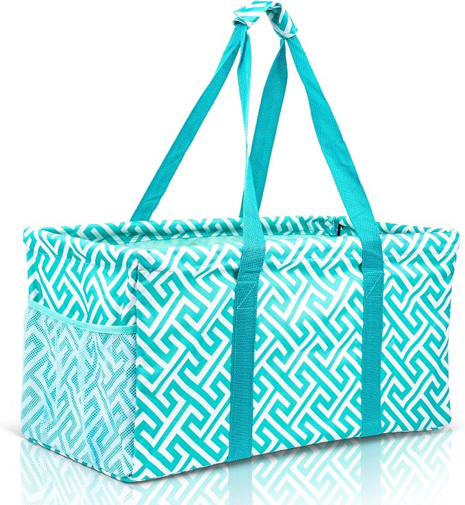 Extra Large Utility Tote Bag - Oversized Collapsible Reusable Wire Frame Rectangular Canvas Basket With Two Exterior Pockets For Beach, Pool, Laundry, Car Trunk, Storage - Geometric Teal by Lucazzi