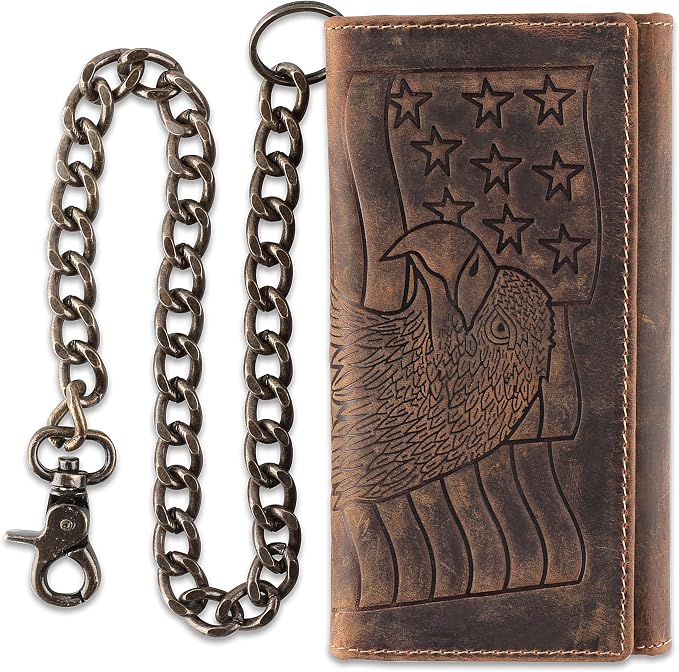 F&L CLASSIC RFID Blocking Mens Tri-fold Long Style Cowhide Leather Steel Chain Wallet,brown eagle/flag,212-101 by FLCLASSIC