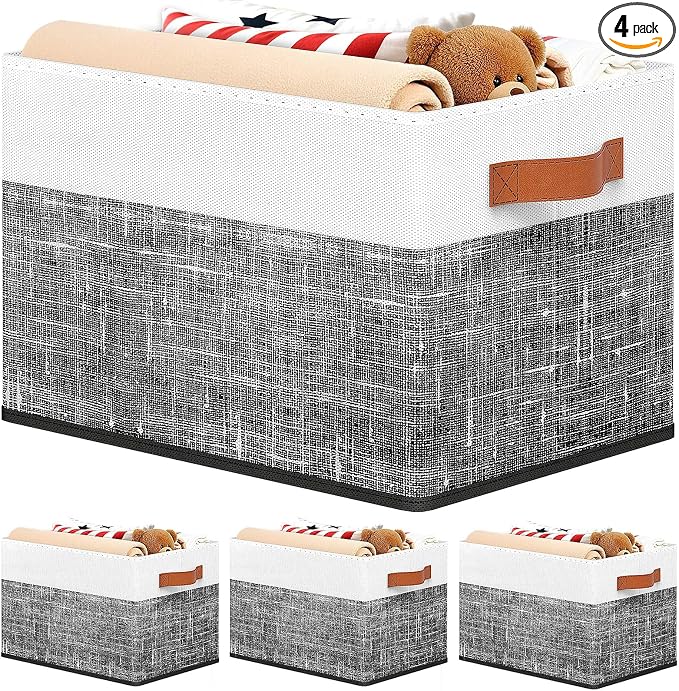 Collapsible Storage Baskets for Shelves,14"x10", 4 Pack Foldable Fabric Storage Bins with Double Leather Handles, Large Baskets for Organizing Books, Clothes, White & Black by Fabtotes