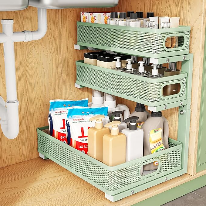 Kitstorack Under Sink Organizer, 1-Pack 3-Tier Height Adjustable Thickened Metal Pull out Cabinet Organizer Shelf, Slide out Storage Drawer Rack for Bathroom Kitchen Pantry Home Organization, Green by Kitstorack