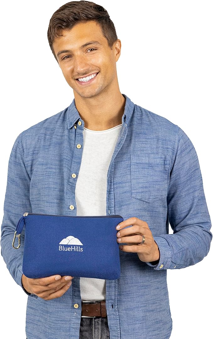 BlueHills Lightweight Travel Blanket Pillows Compact Set of 3 Airplane Traveling Essentials Flight Throws in Bag Compact Large Plane Accessories – Gray, Black and Navy Blue - Image 7