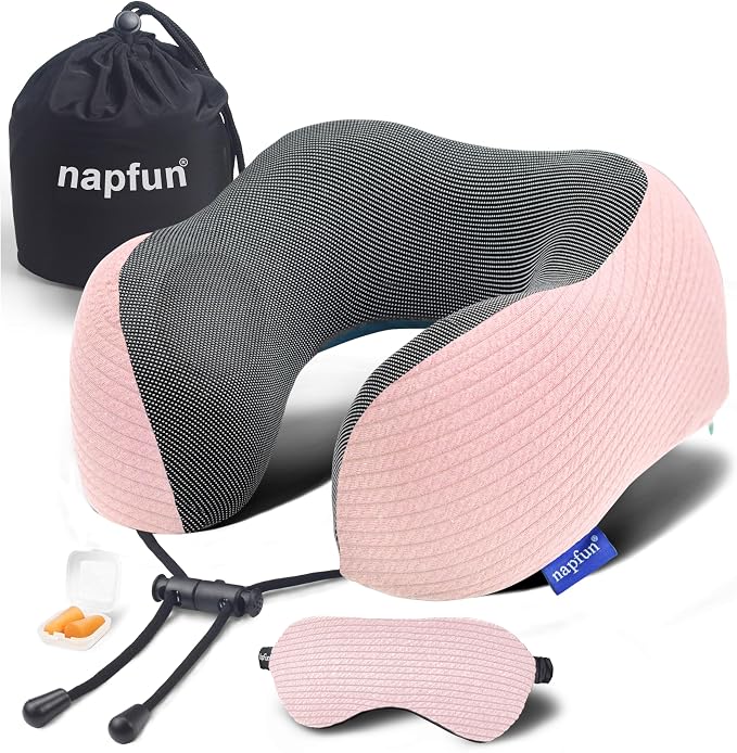 napfun Neck Pillow for Travel with Travel Pouch, Sleep Mask & Earplugs, Memory Foam Airplane Pillow for Headrest Sleep with Eyeshades, Plane Essentials with Eye Blindfold, Pink Striped Kit by NAPFUN