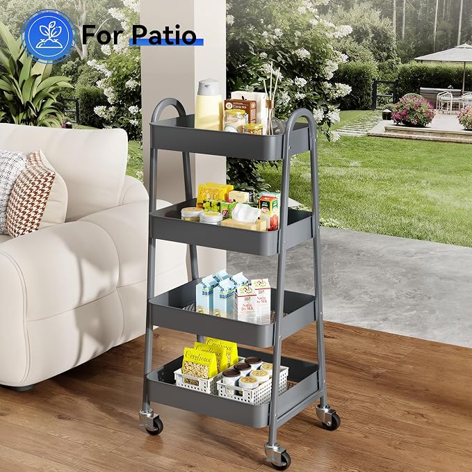 OLIXIS Metal 4 Tiers Rolling Storage Utility Cart with Lockable Wheels | Mobile Organizer Shelf, Space-Saving, Freestanding, Bathroom, Living Room, Slim, Narrow Corner Spaces, Gray - Image 8