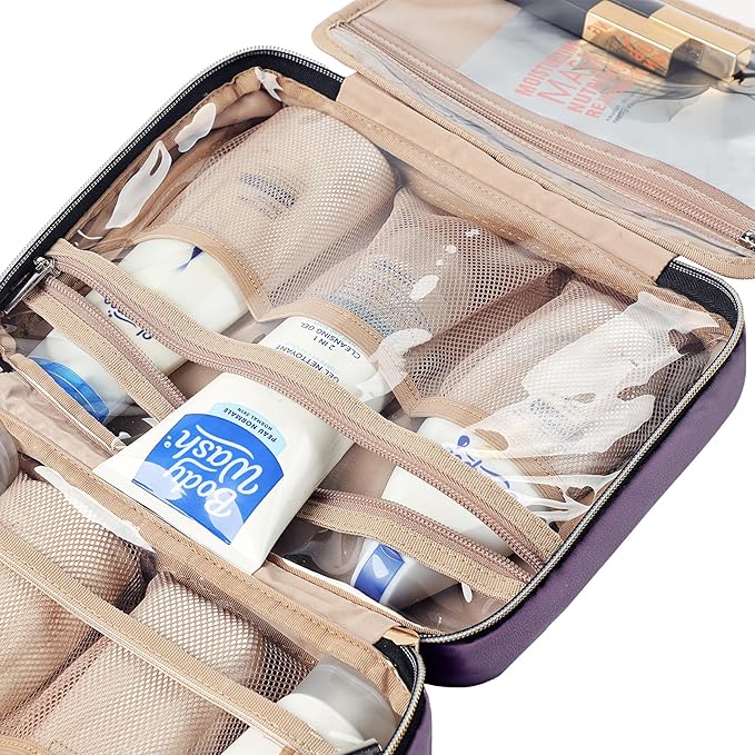 NISHEL Travel Toiletry Bag for women, Portable Hanging makeup Organizer | for Travel-Sized Shampoo, Conditioner, Brushes Set, makeup Accessories, Medium Size, Purple - Image 6