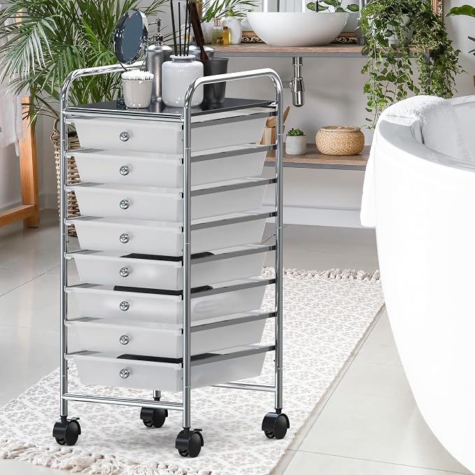 Simple Houseware 8 Drawers Rolling Utility Cart Art Craft Storage, Chrome | 1-Column, 30.25" Height, Lockable Wheels, for School, Office, Art Craft, and Paper Storage - Image 4