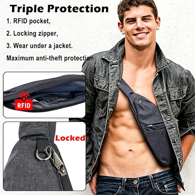 Slim Anti Theft Sling Bag Small Travel Pack Pickpocket Proof Crossbody Bag | Anti Theft One Shoulder Bag Flat Anti Pickpocket Bag Travel Pouch Passport Bag Secure Purses for Men Women lightweight - Image 2