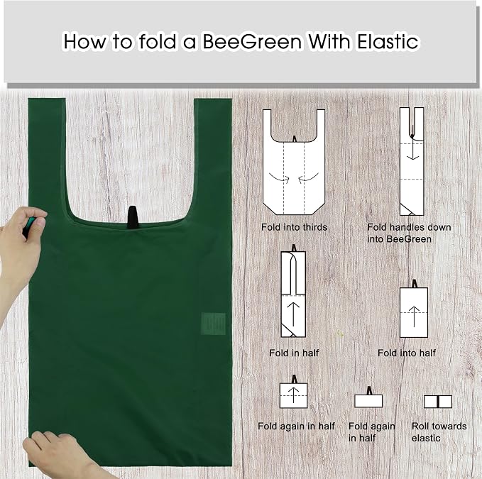 BeeGreen Christmas Green Reusable Grocery Bags with Zipper Storage Pouch 10 Packs Dark Green Reusable Shopping Bags Bulk Foldable-Machine Washable - Image 5