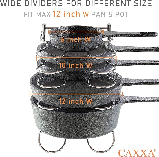 CAXXA Heavy Duty Pan Rack, Pot Lid Rack, Kitchen Cabinet Pantry Cookware Organizer Rack Holder with 5 Adjustable Dividers, Chrome - Image 3