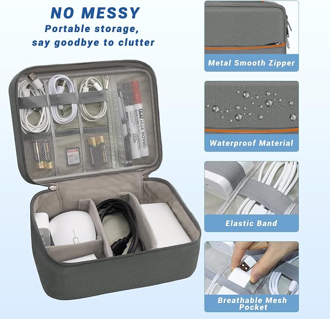 Electronics Organizer,Travel Cord Organizer Pouch,Cable Organizer Bags | Waterproof Electronic Accessories Storage Case for Cables, Cords, Charger, Phone (Double Layer-Gray) - Image 3