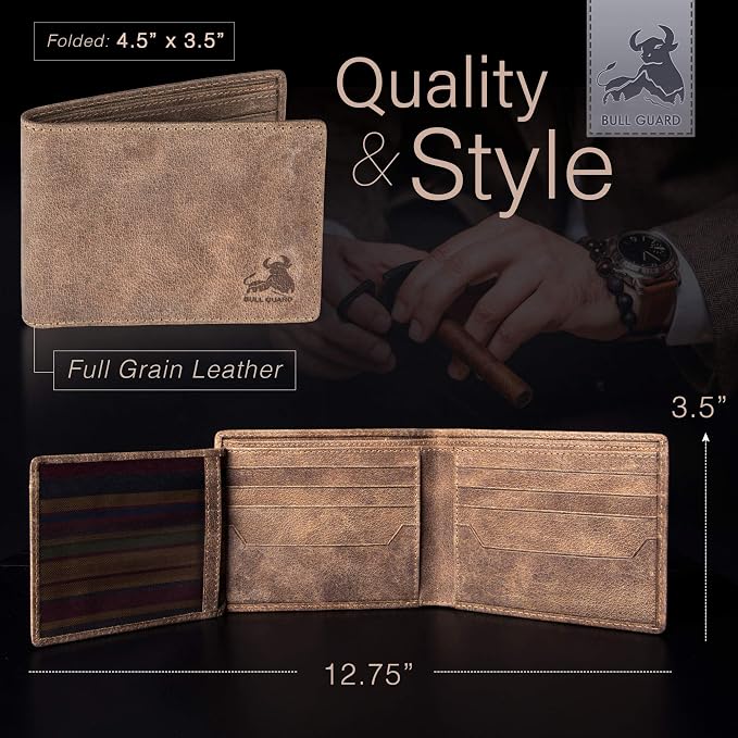 BULL GUARD RFID Mens Bifold Leather Wallet with 2 ID Windows Premium Security Full Grain Leather High Capacity Credit Card Wallet - Image 6