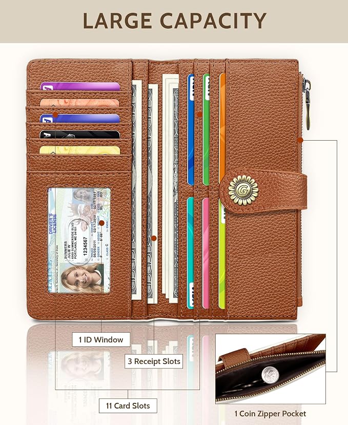 GIANCOMICS White Caramel Womens Wallet RFID, Long Credit Card Holder Bifold | Billfold, Cute Cash Purse, Travel Zipper Coin Pocket, Compact Clutch, PU Leather, ID Window, 11 Card Slots, Ladies Gift Woman - Image 3