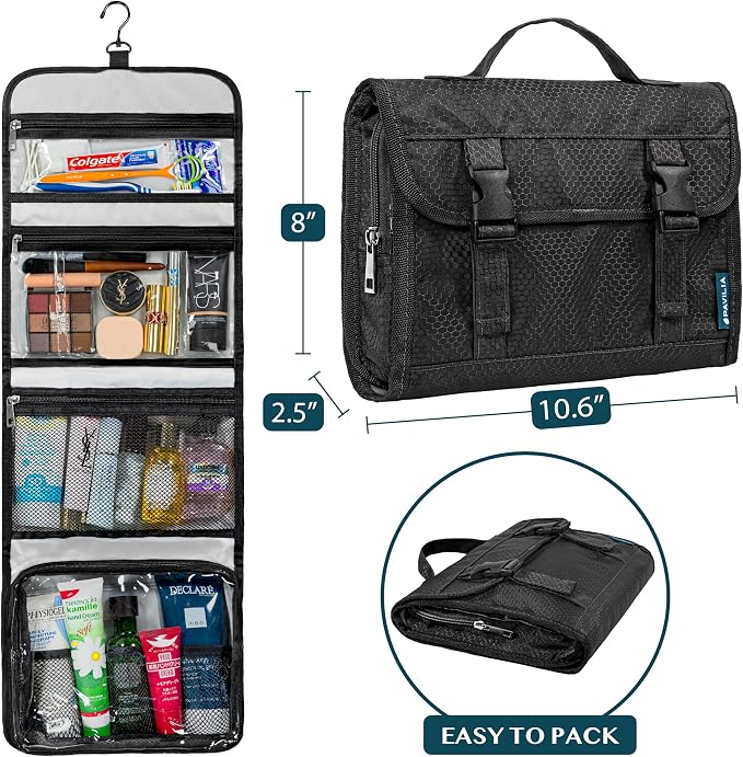 PAVILIA Travel Hanging Toiletry Bag for Women Men, Large Capacity Makeup Bag Kit, Waterproof Cosmetic Storage Organizer Case for Bathroom Shower - Image 2