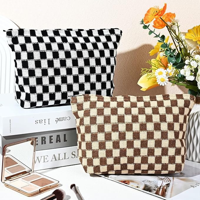 SOIDRAM 2 Pieces Makeup Bag Large Checkered Cosmetic Bag Capacity Canvas Travel Toiletry Bag Organizer Cute Makeup Brushes Aesthetic Accessories Storage Bag for Women, Checkered L Black Brown - Image 2
