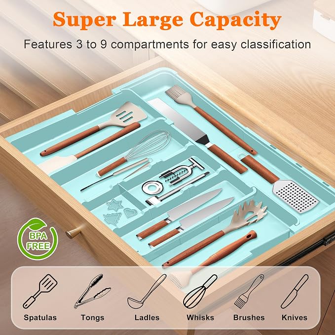 Large Utensil Drawer Organizer Expandable Silverware Organizer for Kitchen Drawer Adjustable Cooking Utensil Holder Cutlery Flatware Tray Spatula Tools Gadgets Storage Dividers Plastic Turquoise - Image 2