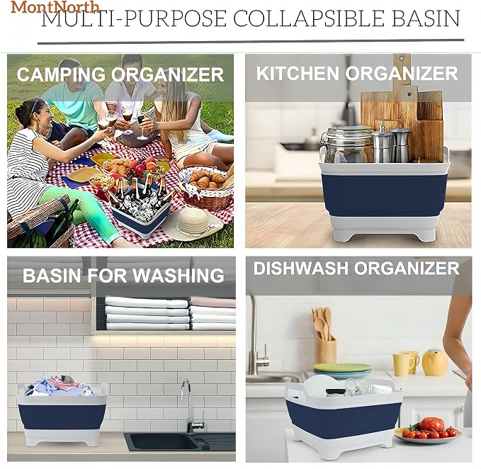 Collapsible Wash Basin 9L, Foldable Dish Tub with Drain Plug, Portable Collapsible Dish Basin, Camping Sink for Washing Dishes, Laundry & Kitchen Use (Navy Blue) - Image 8