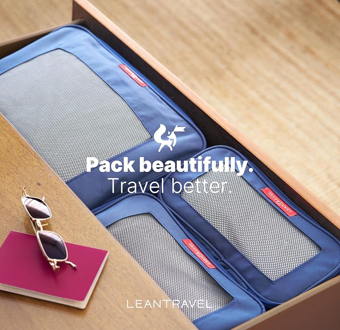 LeanTravel Premium Compression Packing Cubes for Travel - Suitcase Organizer Bags with Double Zipper & Breathable Mesh Panel - Space Saving Carry On Luggage Essentials (4-Pack, Navy Blue) - Image 7