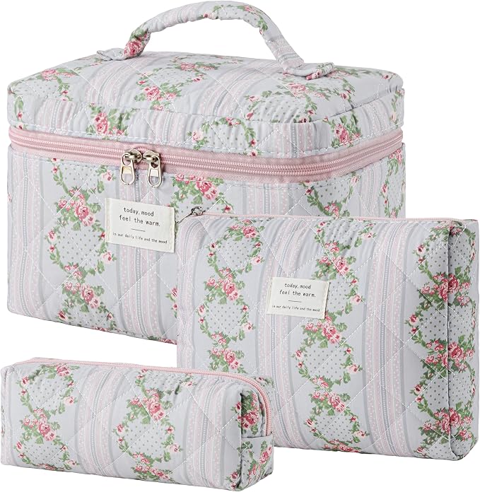 HBselect Quilted Makeup Bag, 3Pcs Cotton Large Travel Makeup Bags Organizer | Cute Floral Make up Bag Cosmetic Bag Toiletry Bag for Women Girls, Makeup Pouch for Skincare, Brushes & Travel Essentials by HBselect