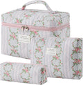 HBselect Quilted Makeup Bag, 3Pcs Cotton Large Travel Makeup Bags Organizer | Cute Floral Make up Bag Cosmetic Bag Toiletry Bag for Women Girls, Makeup Pouch for Skincare, Brushes & Travel Essentials by HBselect
