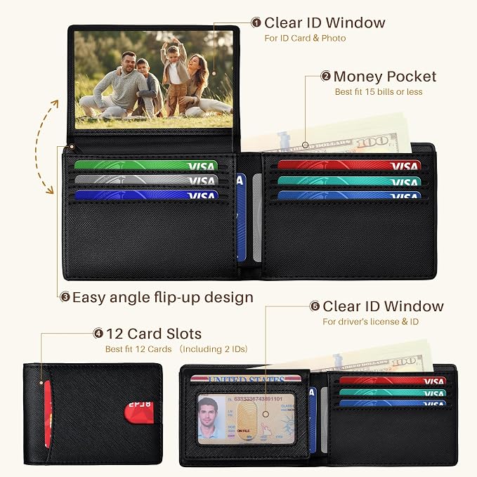 Tipmile Wallet for Men Slim RFID Blocking Credit Card Holder, Minimalist Men Wallets 12 Cards with 2 ID Windows & Cash Slot, Bifold Front Pocket Wallet Gifts for Men - Image 3