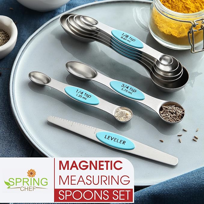 Spring Chef Stainless Steel 8 Magnetic Measuring Spoons, 2 Pack, Aqua Sky | Nesting Metal Teaspoon & Tablespoon Measuring Spoons with Leveler for Dry & Liquid Ingredients, Dual Sided, Dishwasher Safe - Image 3