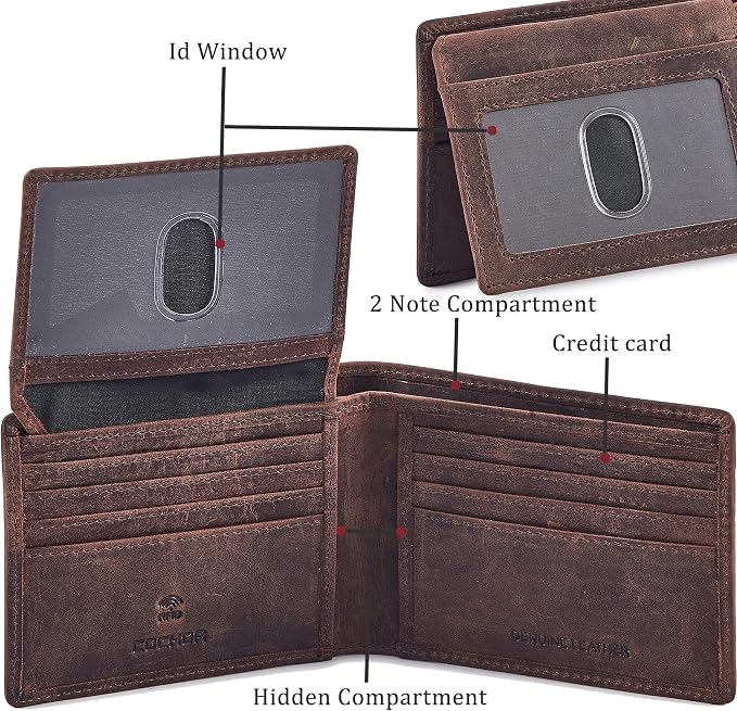 Wallet for Men Slim RFID Blocking Leather Bifold Minimalist 2 ID Windows Gift Box Carteras Para Hombres (CRAZY HORSE, COGNAC) - Image 4