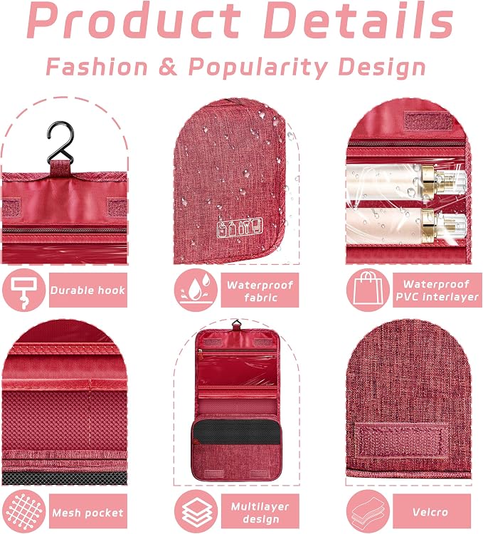 Toiletry Bag Travel Bag with Hanging Hook for Women and Men,Red | Waterproof Small Capacity Hanging Multifunctional Makeup Bag for Toiletries, Portable Cosmetic Bag Travel Organizer - Image 3