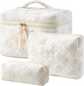 HBselect Quilted Makeup Bag, 3Pcs Cotton Large Travel Makeup Bags Organizer | Cute Floral Make up Bag Cosmetic Bag Toiletry Bag for Women Girls, Makeup Pouch for Skincare, Brushes & Travel Essentials by HBselect