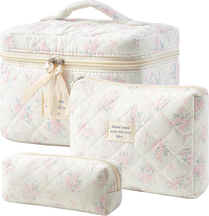 HBselect Quilted Makeup Bag, 3Pcs Cotton Large Travel Makeup Bags Organizer | Cute Floral Make up Bag Cosmetic Bag Toiletry Bag for Women Girls, Makeup Pouch for Skincare, Brushes & Travel Essentials by HBselect