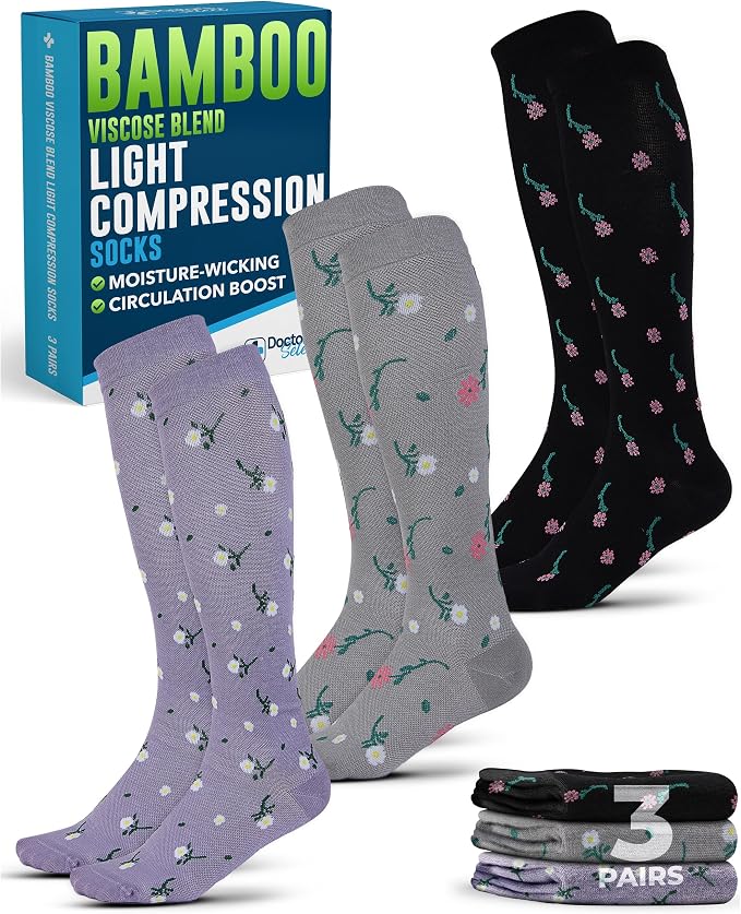 Doctor's Select® Bamboo Viscose Light Compression Socks for Women & Men - 3 Pairs, 8-15 mmHg Compression Socks, Knee High by DoctorsSelect