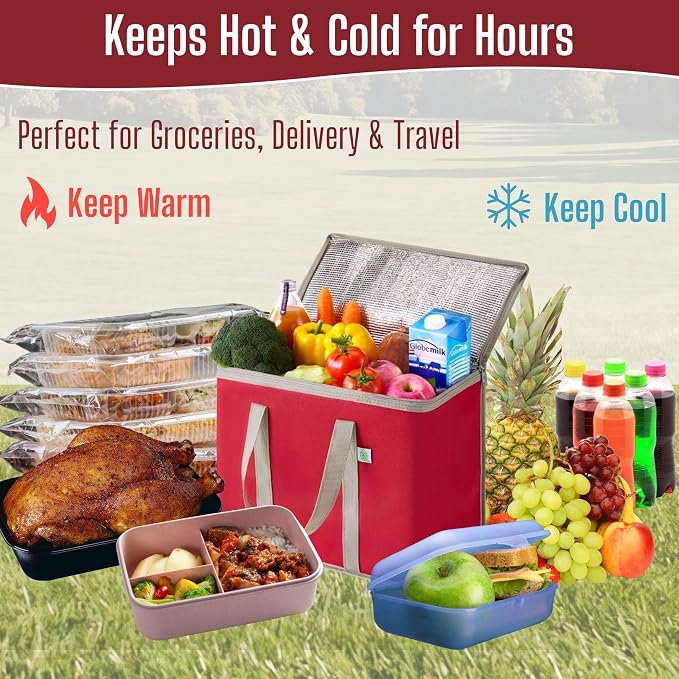 VENO 2 Pack Cooler Bag Insulated Grocery Bags for Food Delivery Heavy Duty | Large Collapsible Cooler, Reusable Shopping Tote w/ Zippers, Foldable, Stands Upright, for Groceries Camping (Red, 2 Pack) - Image 6